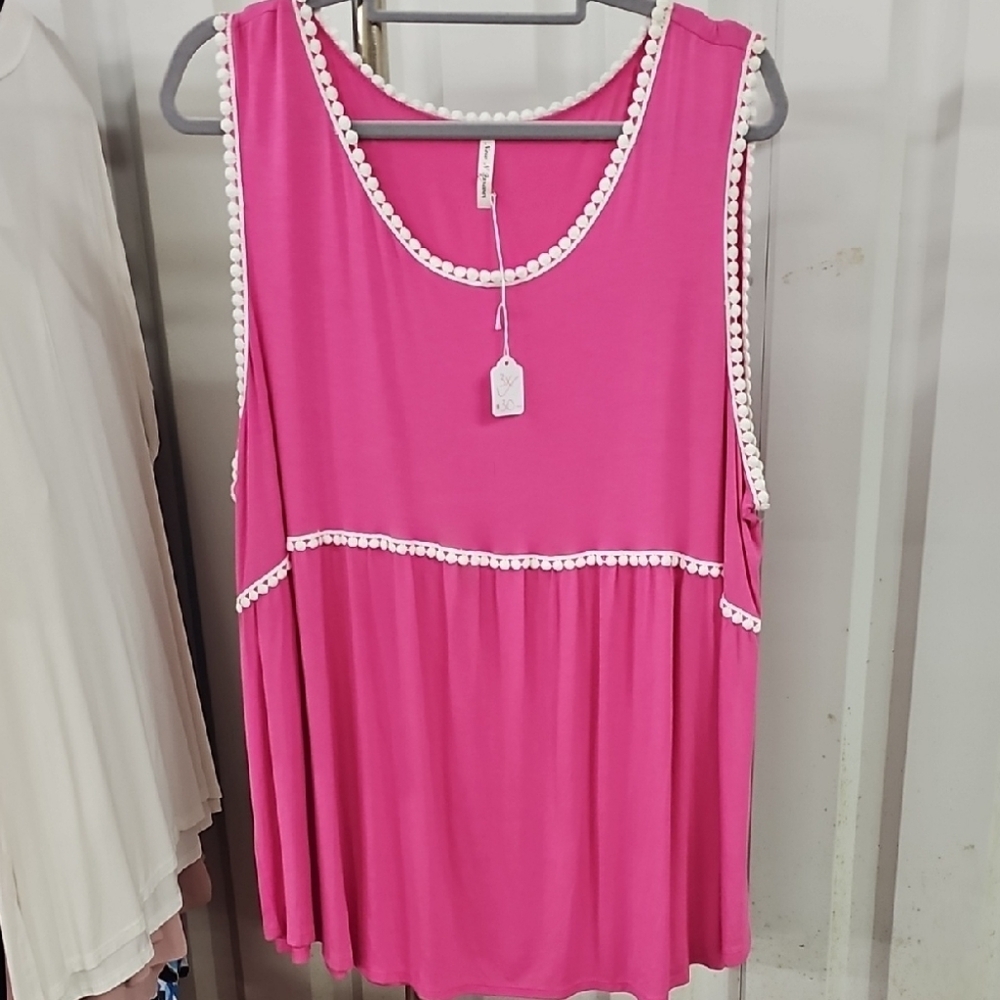 Pink Pleated Sleeveless Tank Top with White Trim